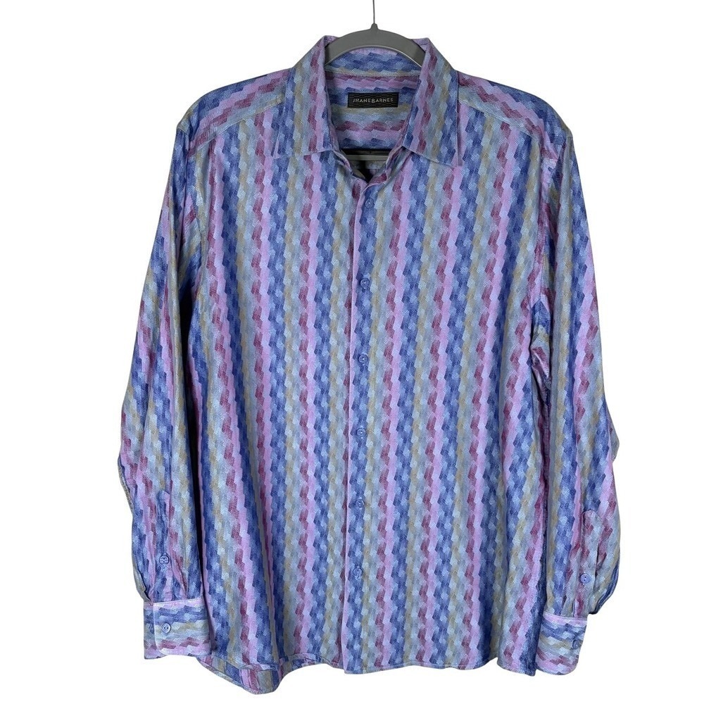 Jhane Barnes Shirt Mens L Vertical Wavy Stripe Cotton Silk Long Sleeve Button Up